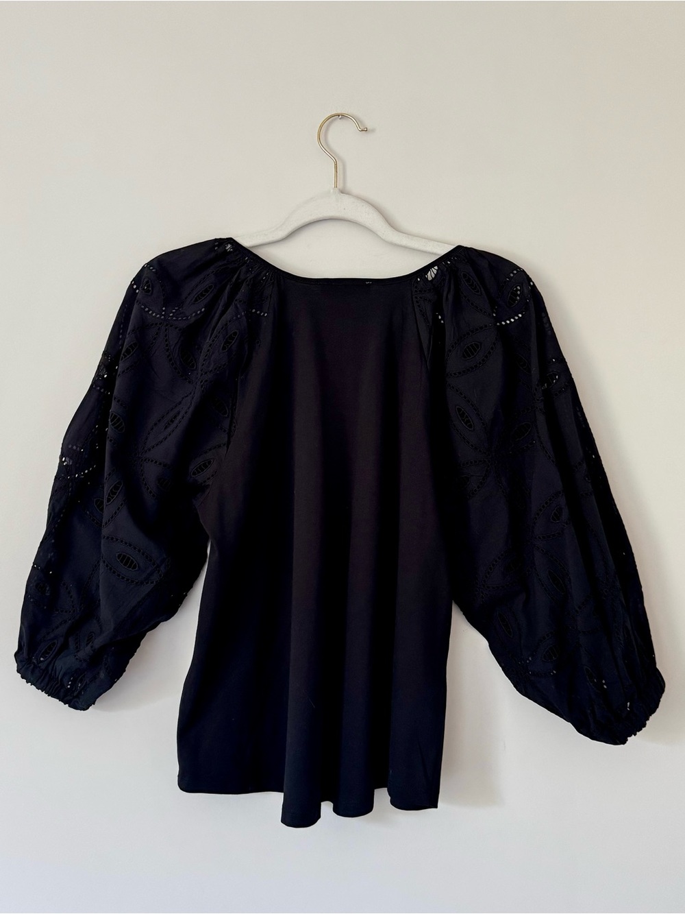 Anthro Calligraphie 3/4 Sleeve Eyelet Cotton Peasant Top, Black – Size Small - Picture 5 of 7